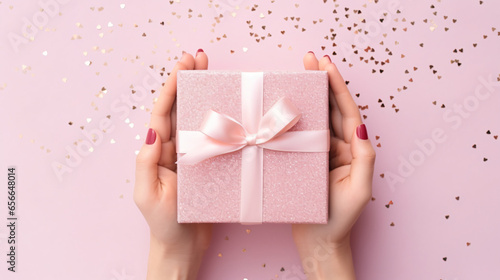 Womans hands holding gift or present box decorated confetti on pink pastel table top view. Composition for Christmass