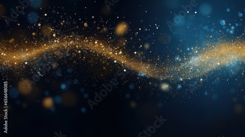 Abstract background with Dark blue and gold particle. Christmas Golden light shine particles bokeh on navy blue background. Gold foil texture. Holiday, Generative AI