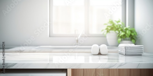White blurry home laundry room with modern washing machine and empty marble table top. Blank space for product display. digital art  Generative AI