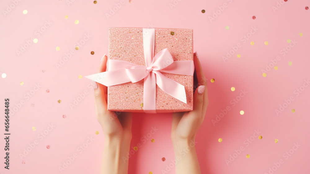 Womans hands holding gift or present box decorated confetti on pink pastel table top view. Composition for Christmass - obrazy, fototapety, plakaty 