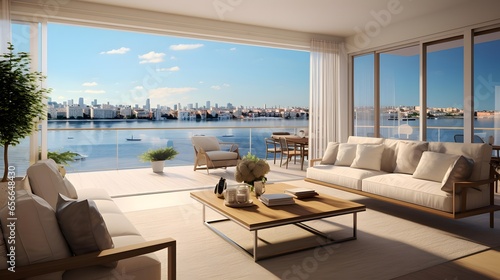 Panorama of modern living room with sea view. 3d rendering © Iman