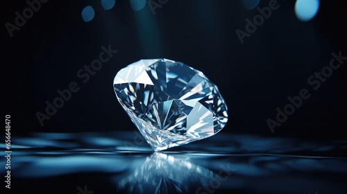 Perfect Cut Diamond standing over dark background, light reflections and glitters.