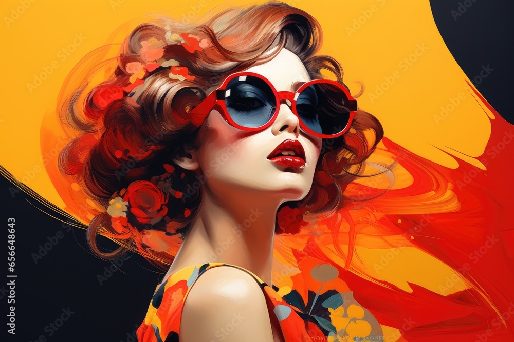 Beautiful woman fashion with colorful dress, sunglasses and cool hairstyle