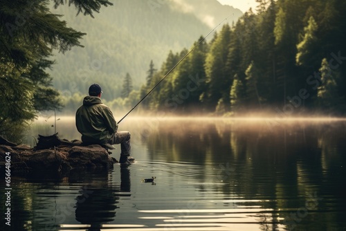 Fishing, a fisherman with a fishing rod on the shore of a lake or pond catches fish. Peaceful morning dawn and silence, fishing for perch crucian carp with bait, leisure hobby