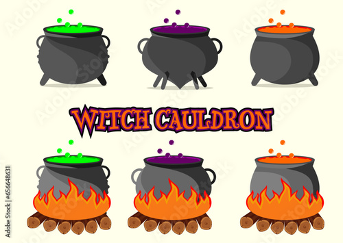 vector witch cauldron with 6 models and 3 others with fire added