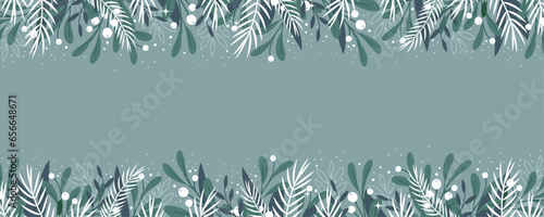 Christmas horizontal background with winter pattern of fir branches and leaves with snow. Flat style. Vector illustration.