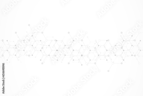 Hexagons pattern on gray background. Genetic research, molecular structure. Chemical engineering. Concept of innovation technology. Used for design healthcare, science and medicine background