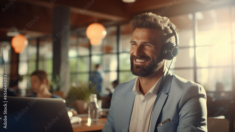Telephone hotline, male employee man with headset in call center gives support by phone in front of a computer, online meeting | Generative AI