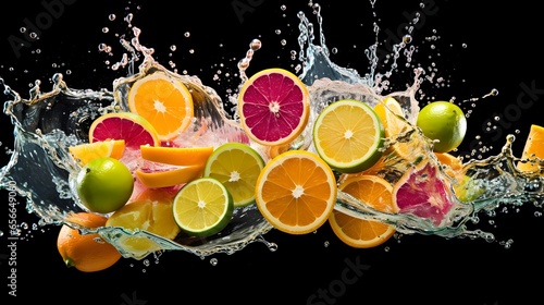 Citrus fruits splashing in water  isolated on black background
