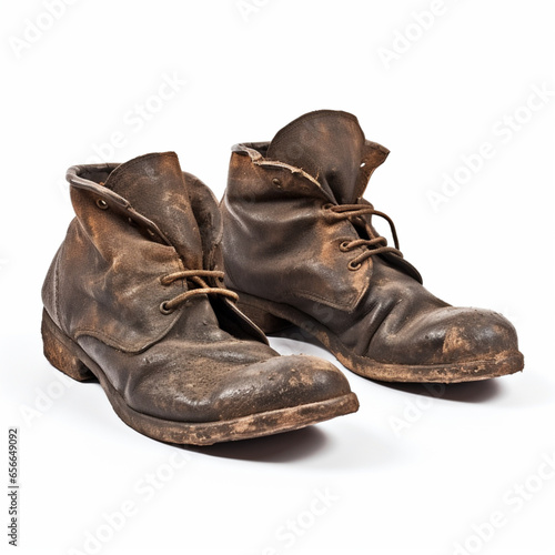 Old brown shoes with mud, 1800s, isolated on white background