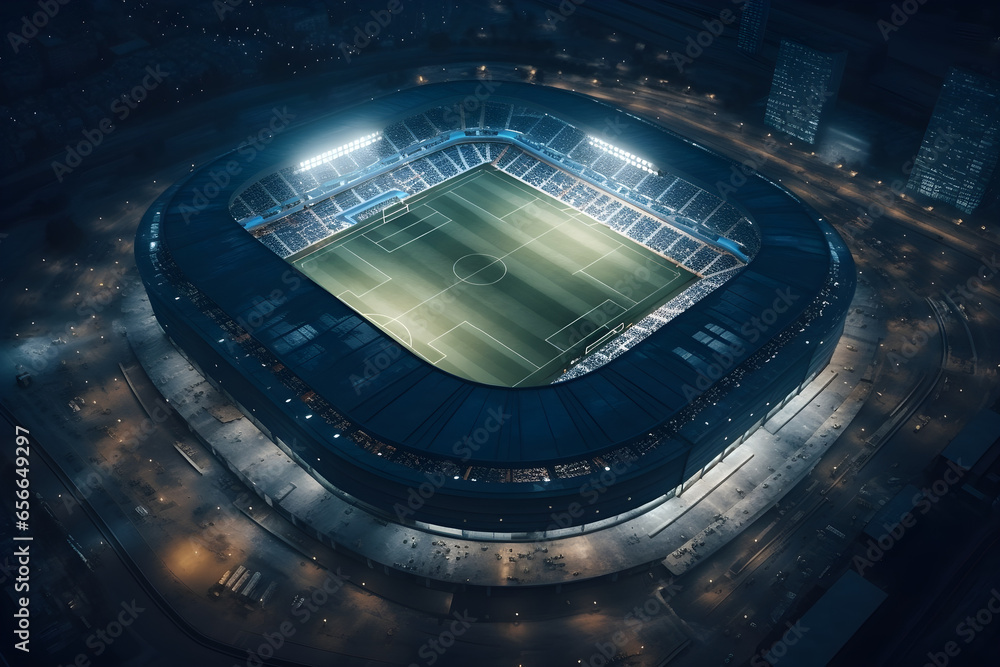 Aerial view of soccer stadium or football field in night time