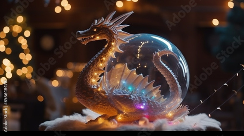 A soap bubble with a fairy-tale dragon inside on Christmas lights and festive decor. AI Generated