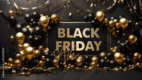 Black Friday Sale Poster with golden balloons for Retail