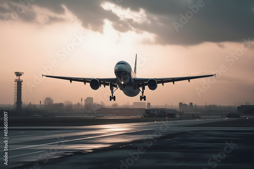 Airplane landing at the airport in the rays of the setting sun with copyspace, for poster, banner background