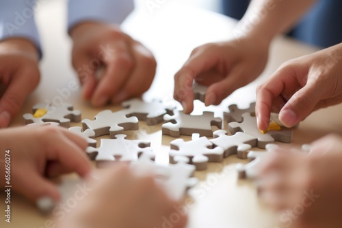 company workers assembling pieces of jigsaw puzzle in work meeting, team building concept. AI Generated