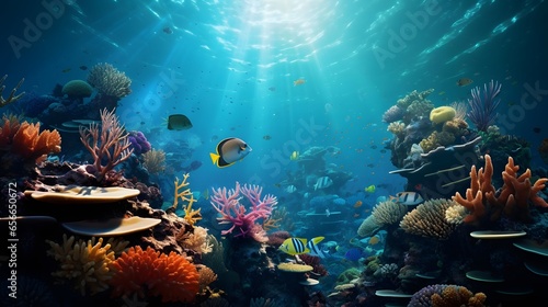 Underwater panorama of coral reef and fish. Underwater world.