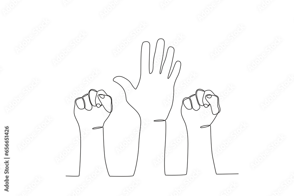 Hands raised against injustice. Human rights day one-line drawing Hands raised against injustice. Human rights day one-line drawing