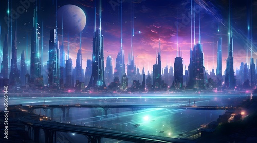 Futuristic city at night. Futuristic cityscape. Panorama.