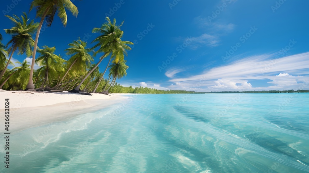 Panoramic view of beautiful tropical beach with palm trees at Seychelles