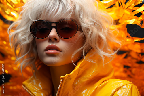 portrait of stylish woman wearing yellow sunglasses