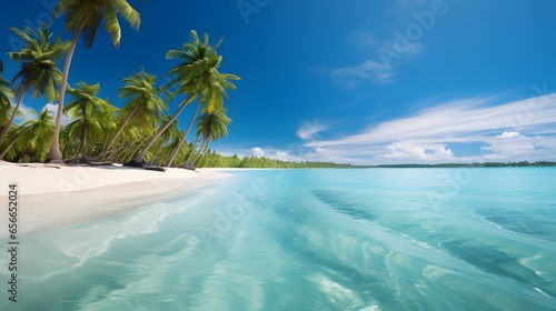 Panoramic view of beautiful tropical beach with palm trees at Seychelles