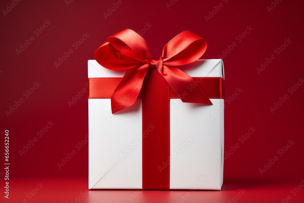 A White Gift Box with a Red Bow, Symbolizing Christmas and Birthday Celebrations, Generative AI A White Gift Box with a Red Bow, Symbolizing Christmas and Birthday Celebrations, Generative AI