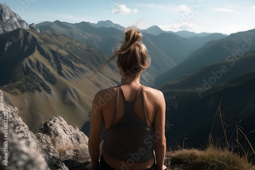 Athletic woman in sportswear sitting on a rock and looking at the mountains