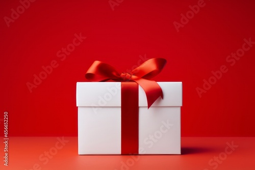 A White Gift Box with a Red Bow, Symbolizing Christmas and Birthday Celebrations, Generative AI