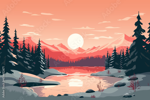 Beautiful winter sunset. Amazing mountain landscape. Red sunset over the mountains, forest and lake, amazing clouds in the sky. Christmas.