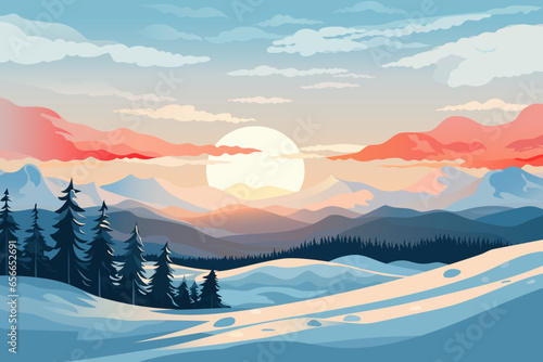 Amazing sunrise over mountains, forest with stunning sky on frosty morning. Beautiful winter landscape. Christmas time.