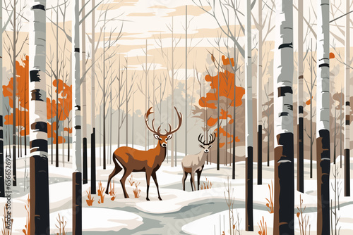 Beautiful deer with big antlers in a winter birch forest. Amazing winter landscape, trees, snowdrifts, wildlife. Christmas vector illustration for print.