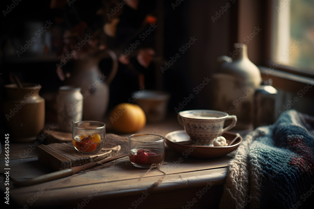 Autumn still life with pumpkins and cups of coffee on a wooden background. Autumn home decor, Cozy fall mood, Thanksgiving, Halloween, Нygge lifestyle concept