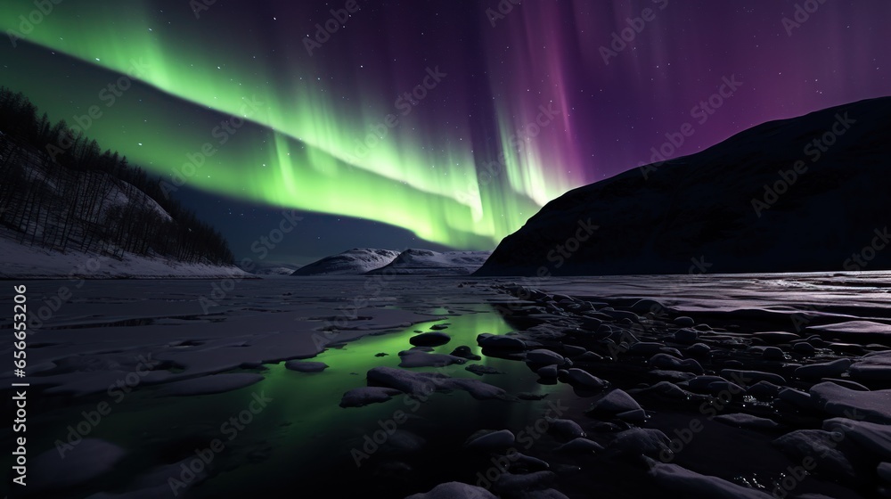 Frozen Fjords Illuminated by Aurora Borealis Extravaganza, Mesmerizing, Tranquil, Radiant, Majestic, Panoramic Frozen Fjords, Vibrant Glow of Northern Lights, Reflective Icy Surface, Jagged Mountain - obrazy, fototapety, plakaty 