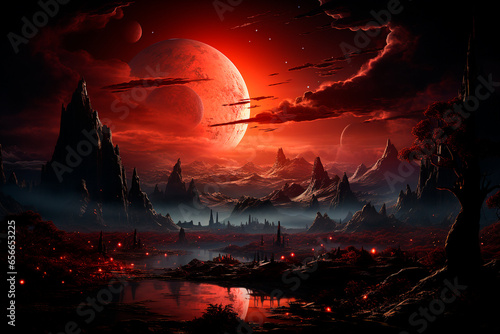 dark night scene with moon and forest.