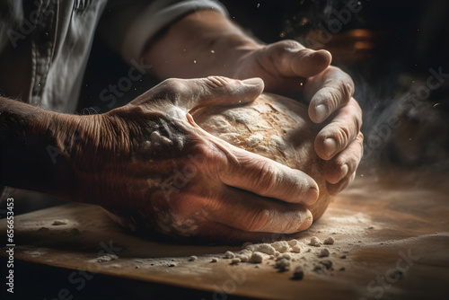 Baker hands kneading fresh bread on wooden table in bakery, side view photo