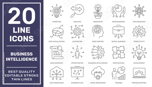 Set of business icons, teamwork, working, management. Business Intelligence vector icons. Editable Stroke. EPS 10
