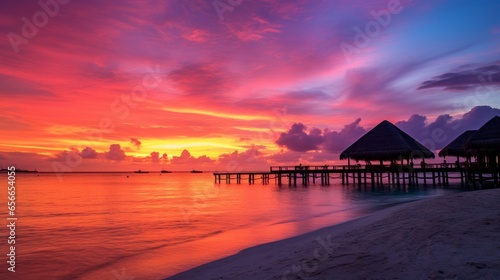 A stunning sunset scene on a beach in the Maldives. © Marry
