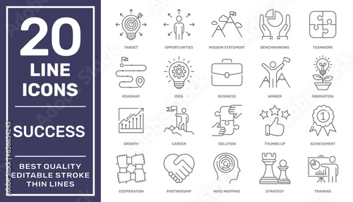 Success icon set. Successful business development, plan and process symbol. Solid icons vector collection. Editable Stroke. EPS 10