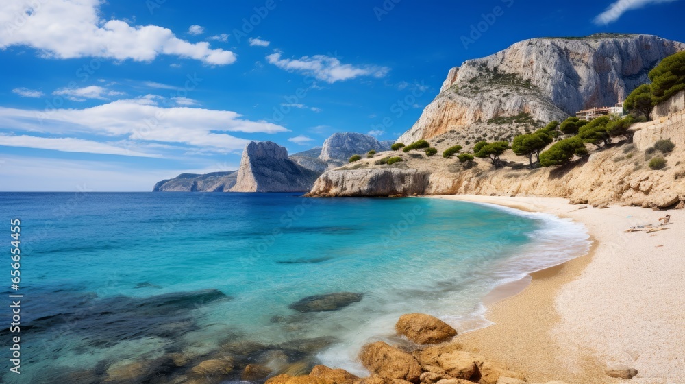 Cala del Moraig beach, Benitatxell, Alicante, Spain: Beautiful beach in a bay with cliffs, blue skies and azure Mediterranean Sea.
