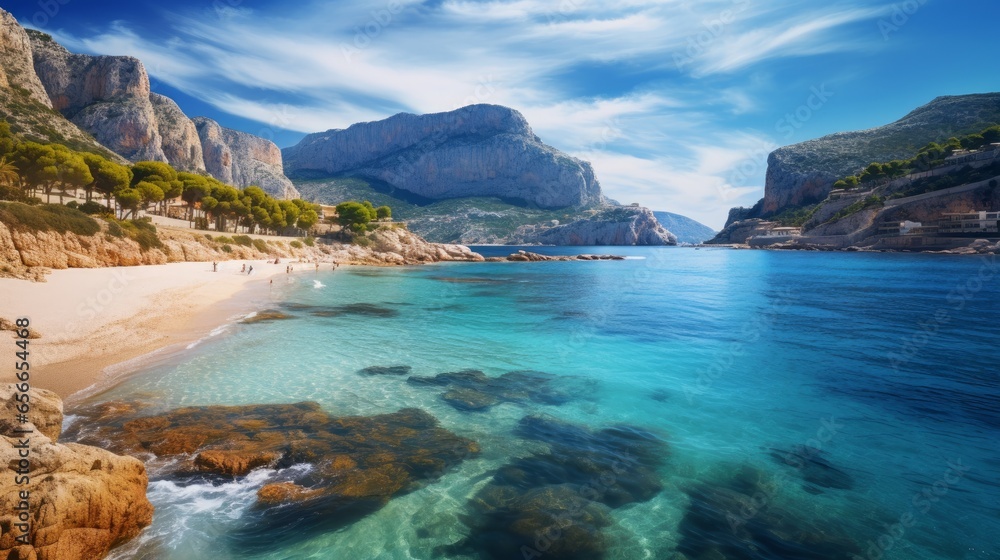 Cala del Moraig beach, Benitatxell, Alicante, Spain: Beautiful beach in a bay with cliffs, blue skies and azure Mediterranean Sea.