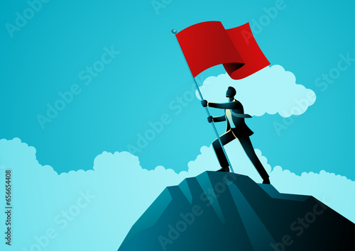 Symbolic illustration of a businessman standing atop a mountain, raising a red flag, represents the business idiom for Raise Red Flags, for example people worry that a leader is making bad decisions