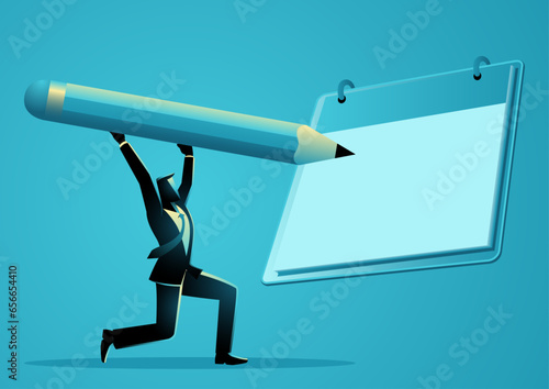 Symbolic image of a businessman holding a giant pencil, represents the idiomatic expression Pencil Something In, signifying the act of scheduling or planning something for the future