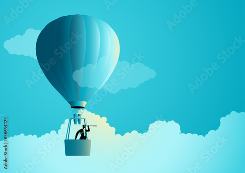 Businessman aboard an air balloon, using a telescope. Represents the business idiom Up In The Air, signifying uncertainty or pending decisions. It conveys the idea of navigating the unknown