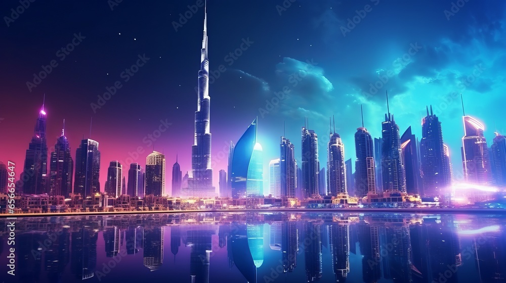 The nighttime view of downtown Dubai in the United Arab Emirates, characterized by stunning contemporary architecture illuminated by vibrant lights, epitomizes luxurious travel and tourism.