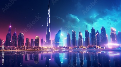 The nighttime view of downtown Dubai in the United Arab Emirates  characterized by stunning contemporary architecture illuminated by vibrant lights  epitomizes luxurious travel and tourism.