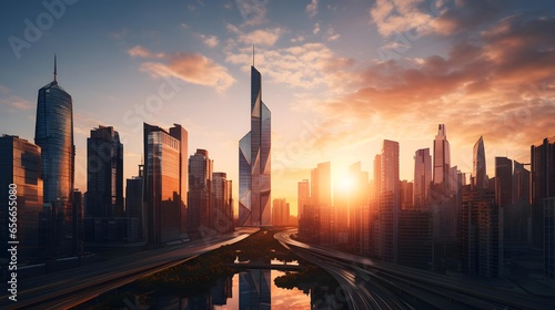 Panoramic view of modern skyscrapers in shanghai at sunset