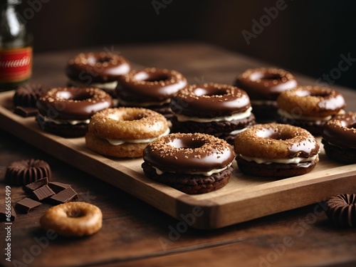 Delicious chocolate covered donuts on wooden tray, Ai