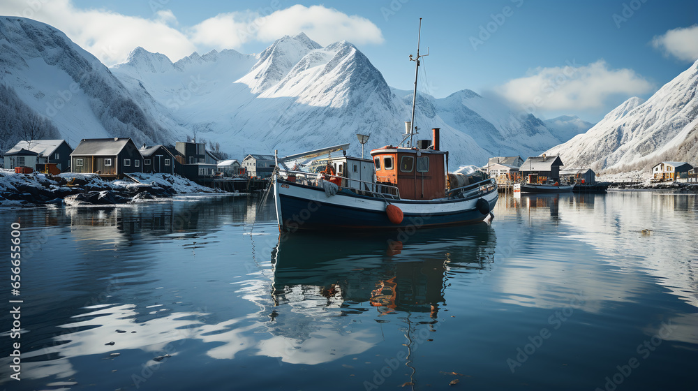 fjord in norway in winter with some wooden buildings and the snowcovered mountiains in the background - obrazy, fototapety, plakaty 