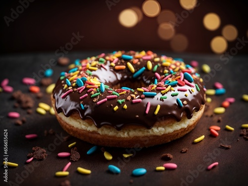 Delicious donut covered in chocolate and colored sprinkles, Ai