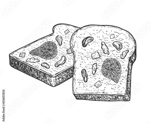 Slices of bread with dried fruits. Cupcake with figs, dried apricots, raisins, candied fruits. Sketch style piece of pie. Black and white engraving style sweet bread